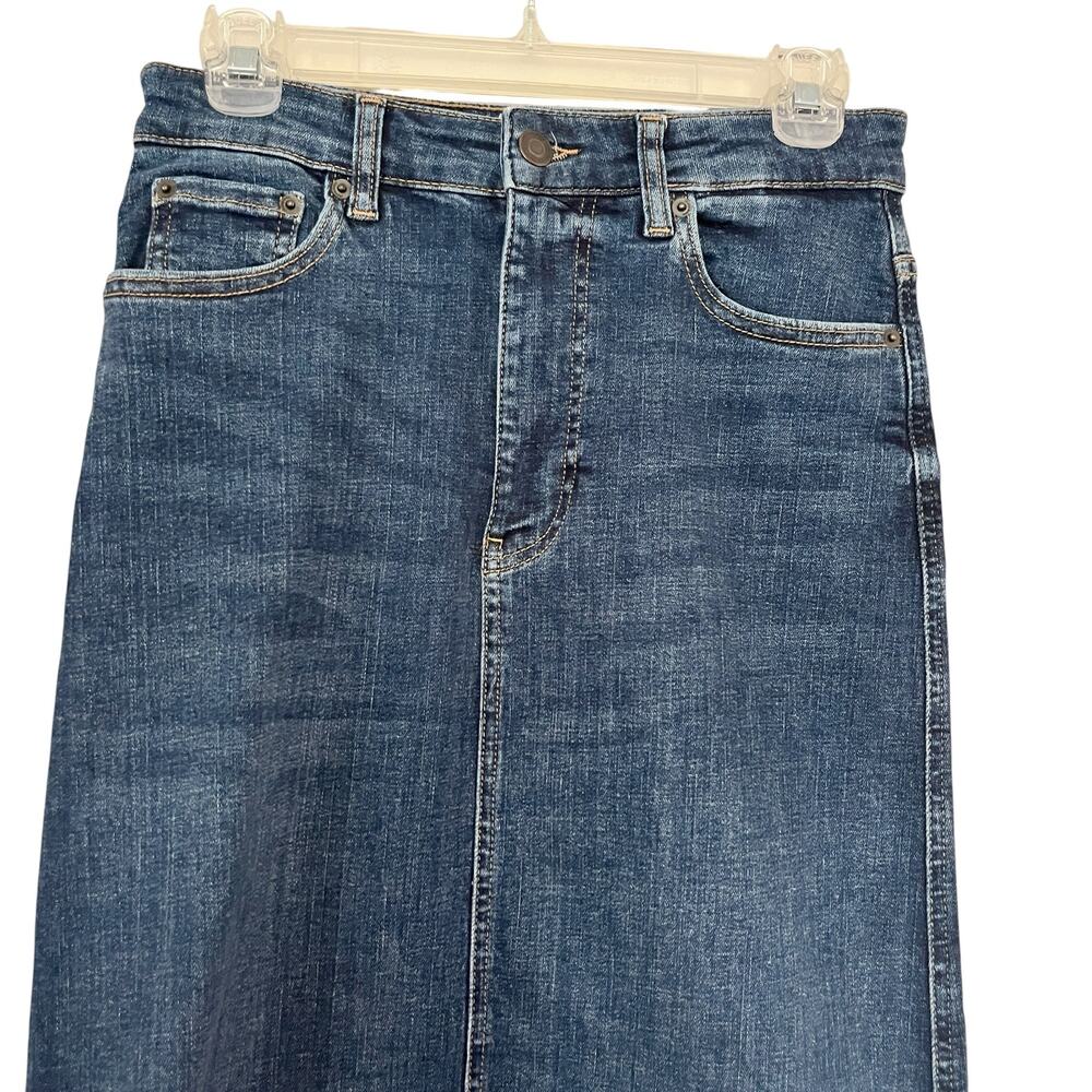 Zara Women’s Stretch Denim Maxi Skirt Blue Dark Wash Raw Hem Size S - Picture 2 of 9